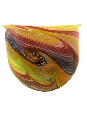 Swirl Art Glass Multi Color Red Orange Yellow Green Black Vase Heavy 7'X7"